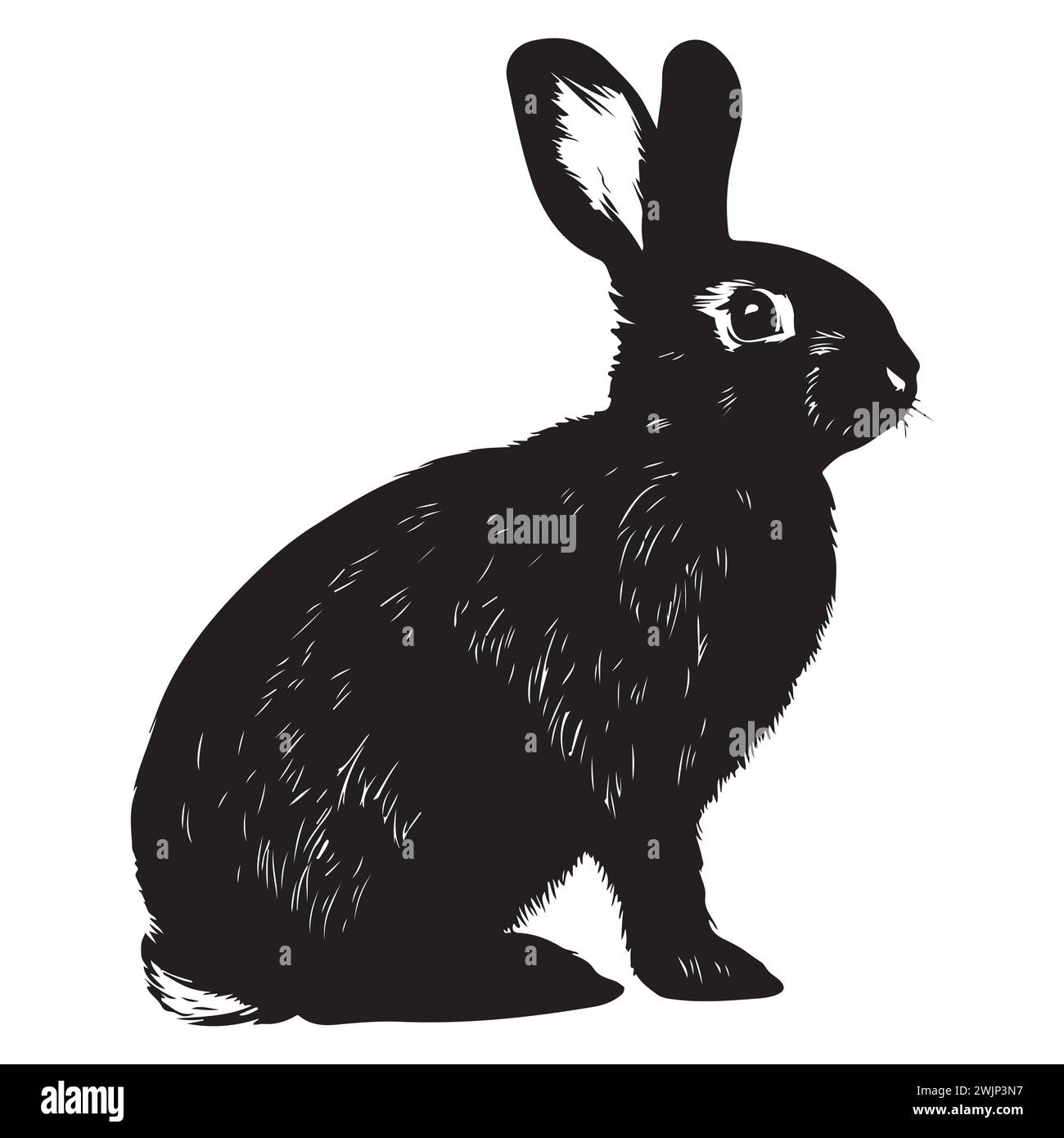 Skizzieren Sie Eine Realistische Illustration Der Kaninchen-Silhouette. Furry Osterhase Schwarze Tinte Silhouette auf weißem Hintergrund. Stock Vektor