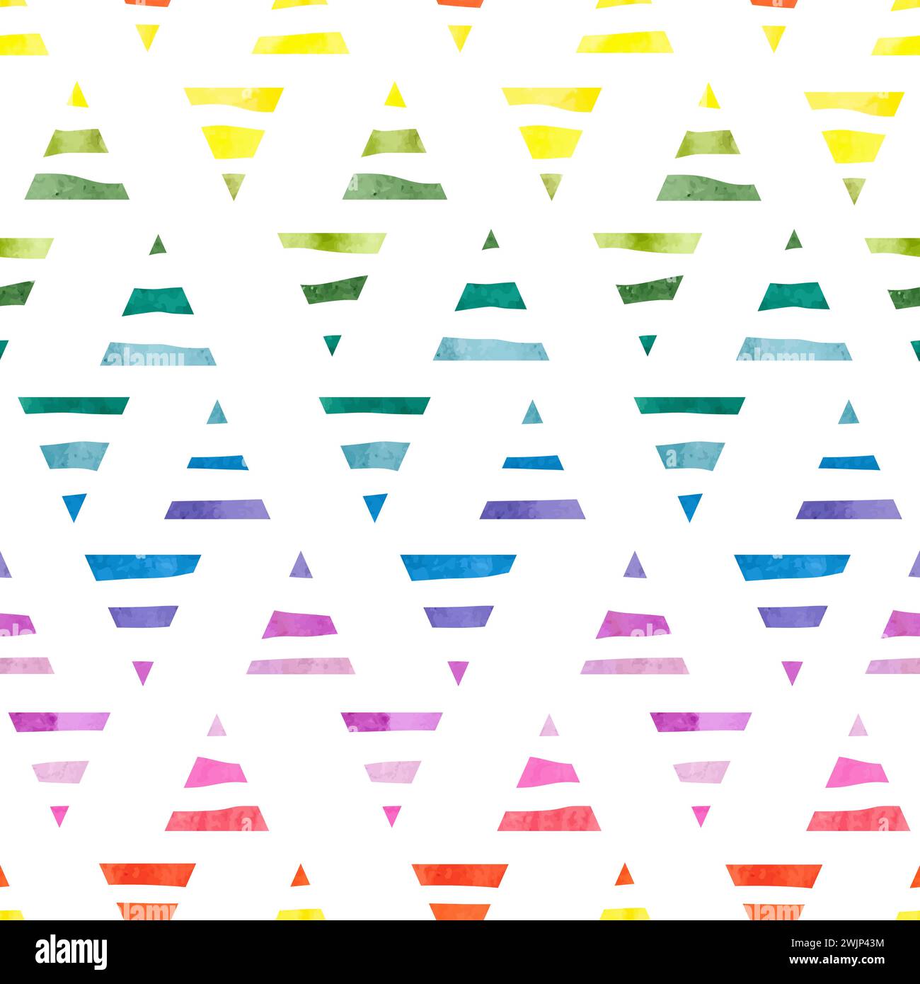 Nahtloses Dreieck-Muster. Farbenfroher geometrischer Hintergrund mit gestreiften Wasserfarben-Dreiecksformen Stock Vektor