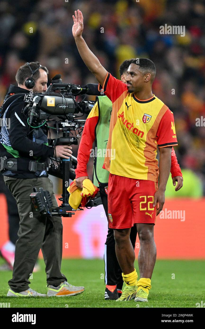 Linse, Frankreich. Februar 2024. Wesley sagte (22) von RC Lens, die während des Play-off-Spiels der UEFA Europa League in der Saison 2023-2024 zwischen Racing Club de Lens und SC Freiburg am 15. Februar 2024 in Lens, Frankreich, gezeigt wurden. (Foto: David Catry/Isosport) Credit: Sportpix/Alamy Live News Stockfoto