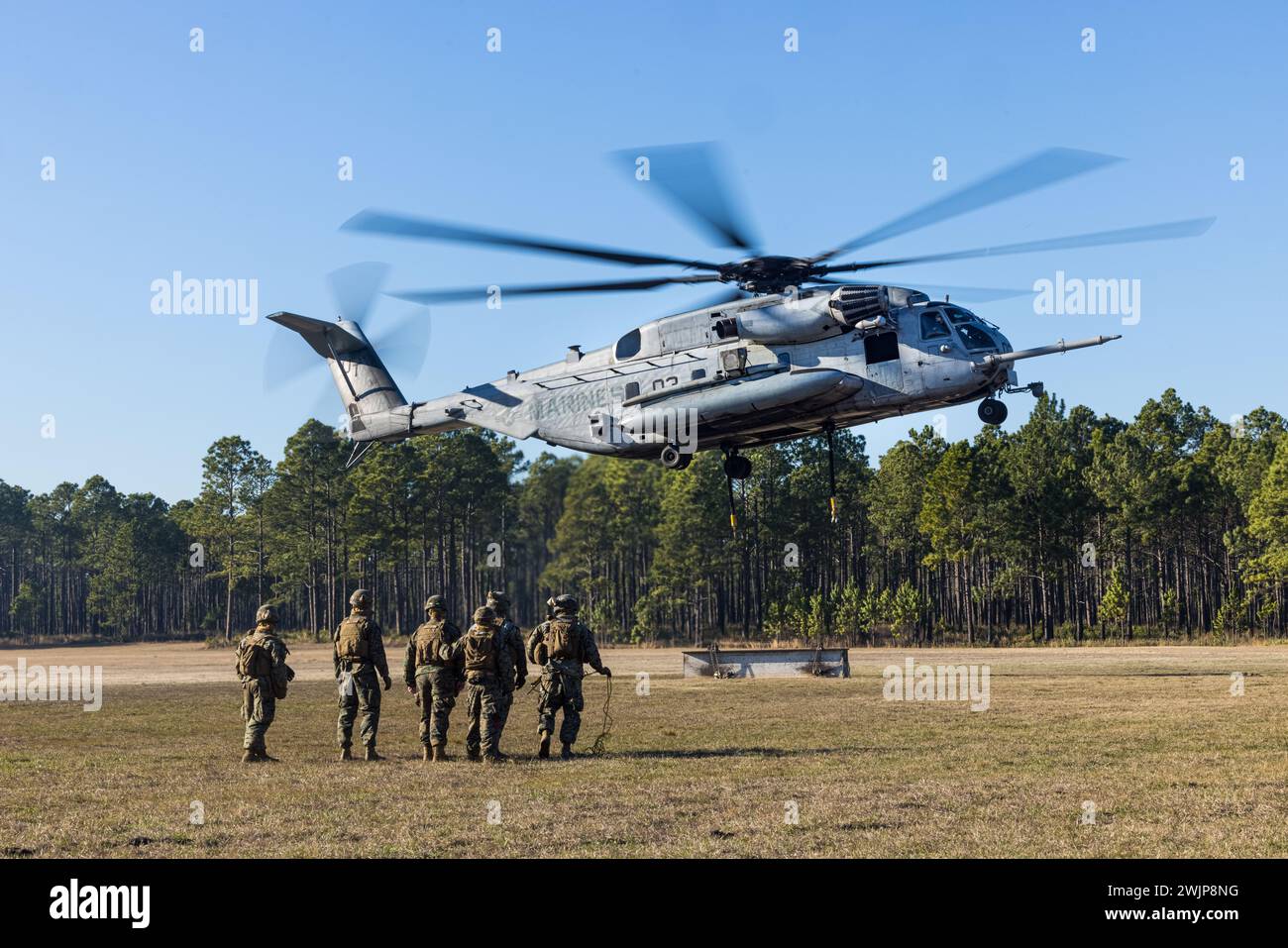 U.S. Marines mit Combat Logistics Battalion 8, Combat Logistics Regiment 2, 2nd Marine Logistics Group, beobachten, wie der befestigte Schwerstrahl von einem CH-53E Super Hengst während eines Trainingsprogramms für das Marine Corps Combat Readiness Evaluation (MCCRE) in Camp Lejeune, North Carolina, bewegt wird. 2024. Die MCCRE von CLB-8 ist die abschließende Bewertung des Bataillons, um die Kampfbereitschaft durch die Fähigkeit zu demonstrieren, wichtige Aufgaben der Mission zu erfüllen. (U.S. Marine Corps Foto von CPL. Mary Kohlmann) Stockfoto
