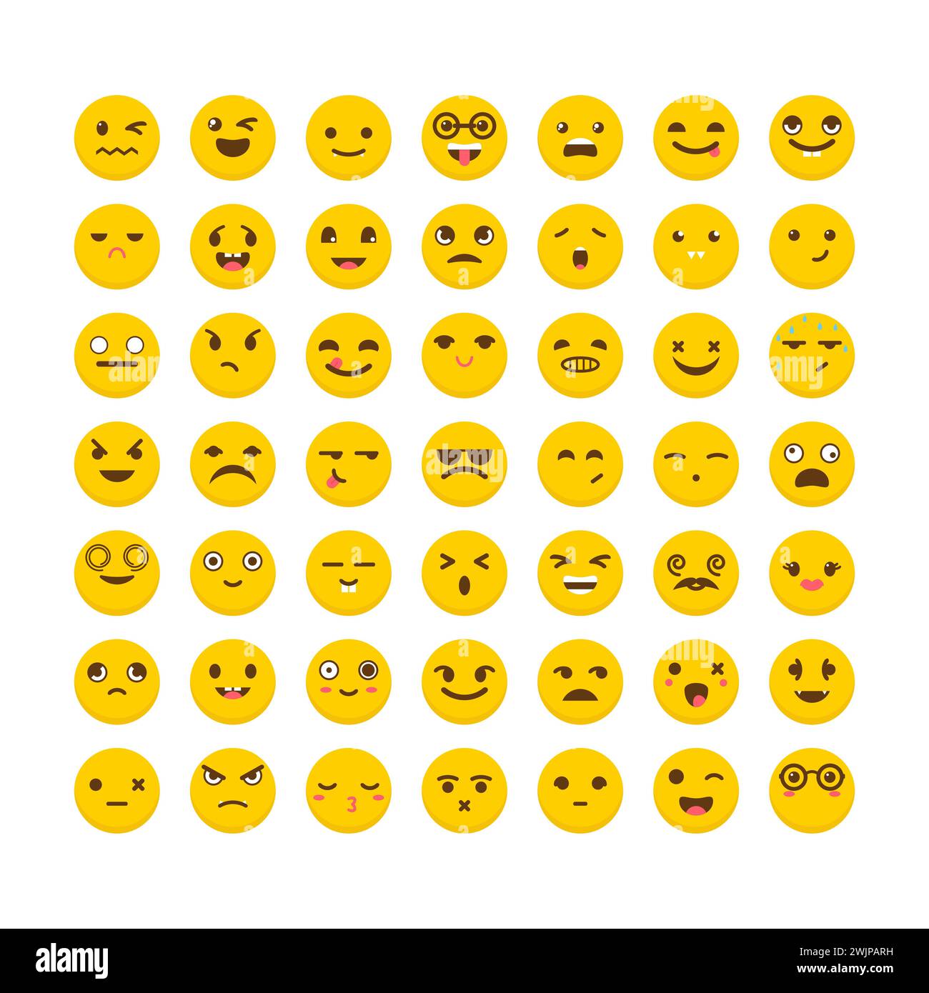 Satz von Emoticons. Niedliche Emoji-Symbole. Flaches Design. Avatare. Große Sammlung mit verschiedenen Ausdrücken. Vektorabbildung Stock Vektor