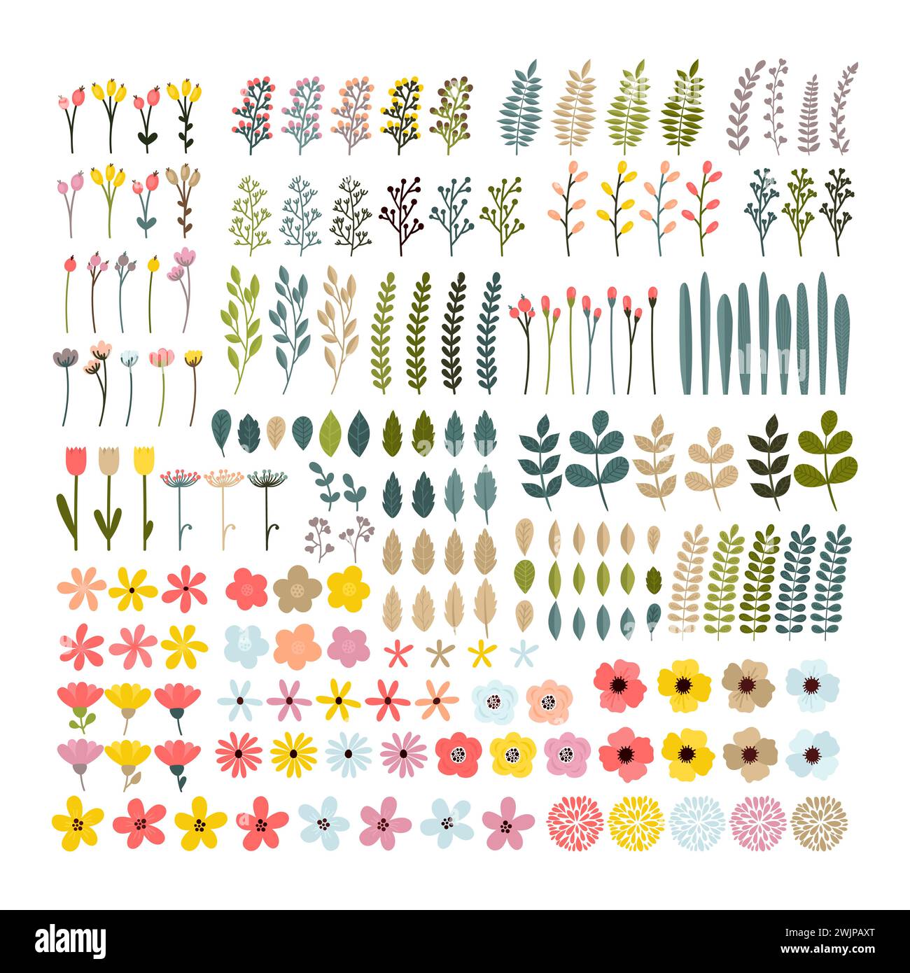 Großes Set mit Blumenmuster. Bunte Kollektion mit Zweigen und Blumen. Designelemente für Einladungen, Geburtstagskarten, Hochzeiten- oder Grußkarten. Vektor Stock Vektor
