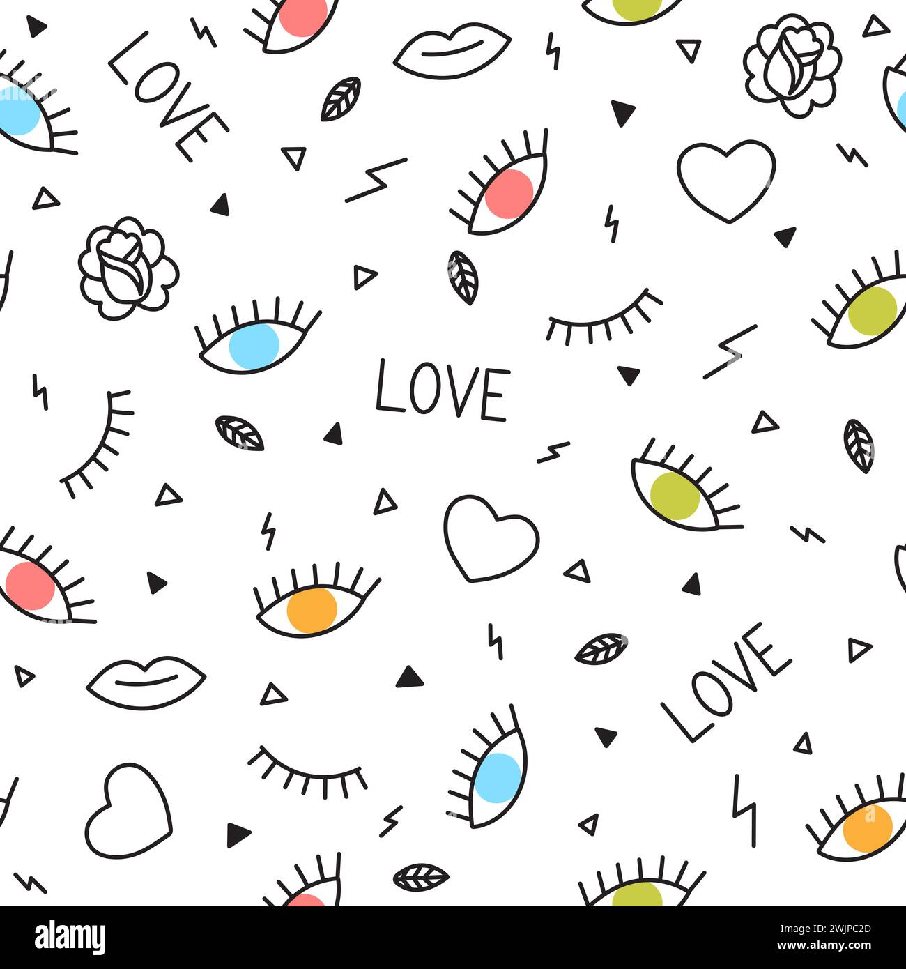 Nahtloses Doodle-Muster mit Augen, Herzen, Lippen und anderen geometrischen Elementen. Memphis-Stil. Moderner handgezeichneter Hintergrund. Vektorabbildung Stock Vektor