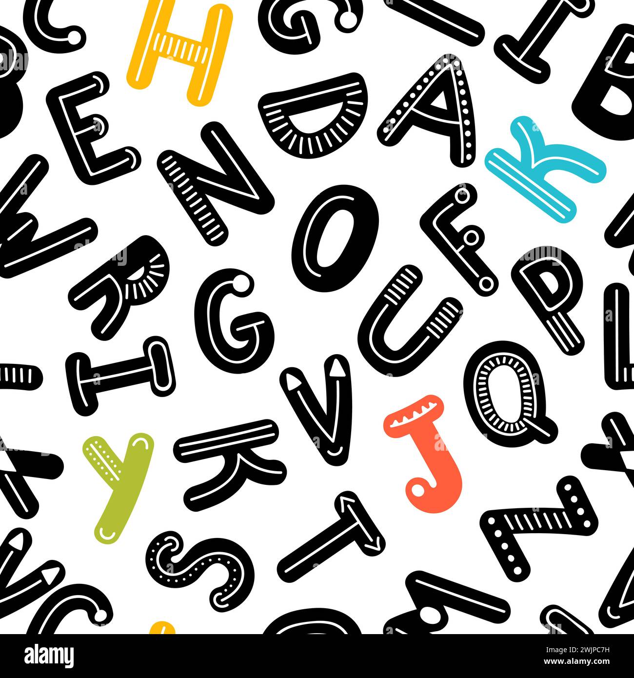 Handgezeichnetes nahtloses Muster mit schwarzen und farbigen Buchstaben. Handgeschriebene typografische Schriftart. Niedlicher, stilvoller Hintergrund mit Alphabet. Vektorabbildung Stock Vektor
