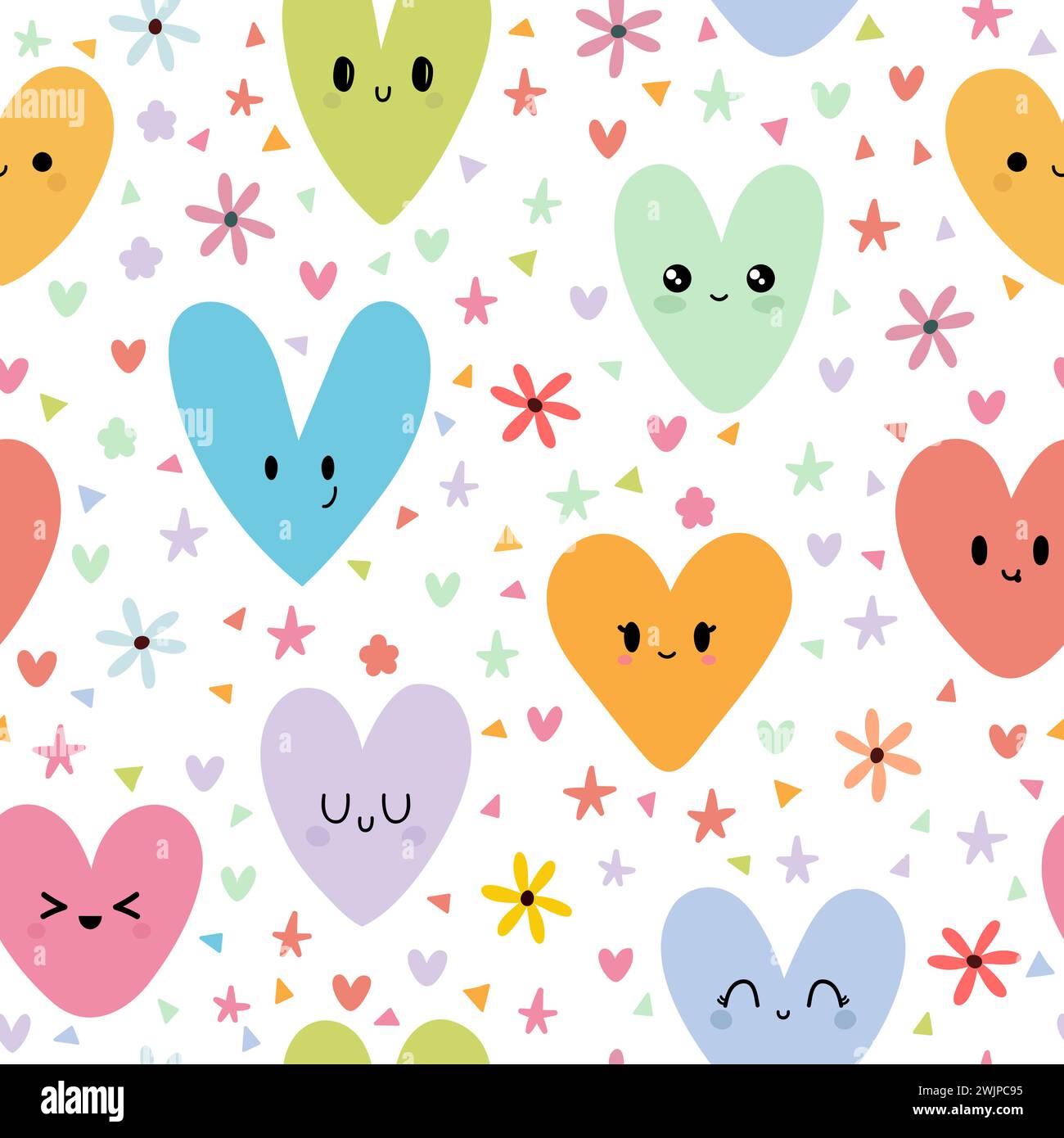 Süßes nahtloses Muster mit farbigen Kawaii-Herzen. Romantisches Muster. Niedlicher Hintergrund. Vektorabbildung Stock Vektor