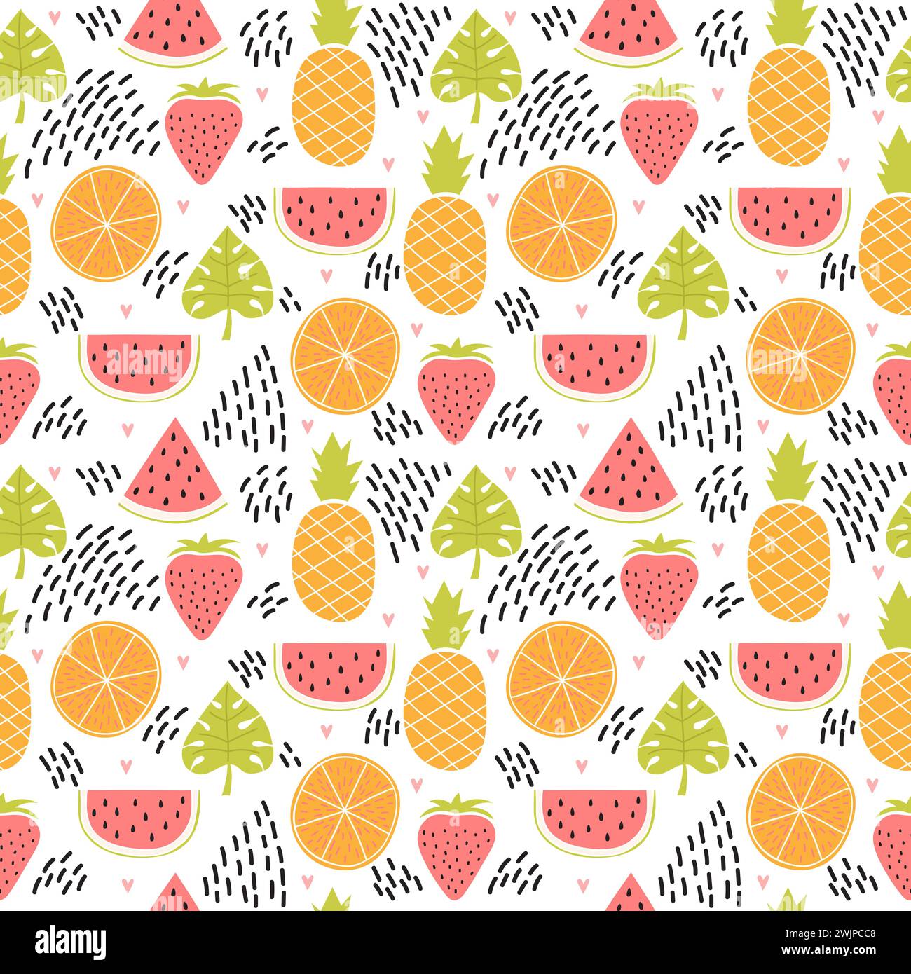 Handgezeichnetes farbenfrohes nahtloses Muster mit tropischen Früchten und Blättern. Niedlicher Sommer-Hintergrund. Kreative Textur. Vektorabbildung Stock Vektor