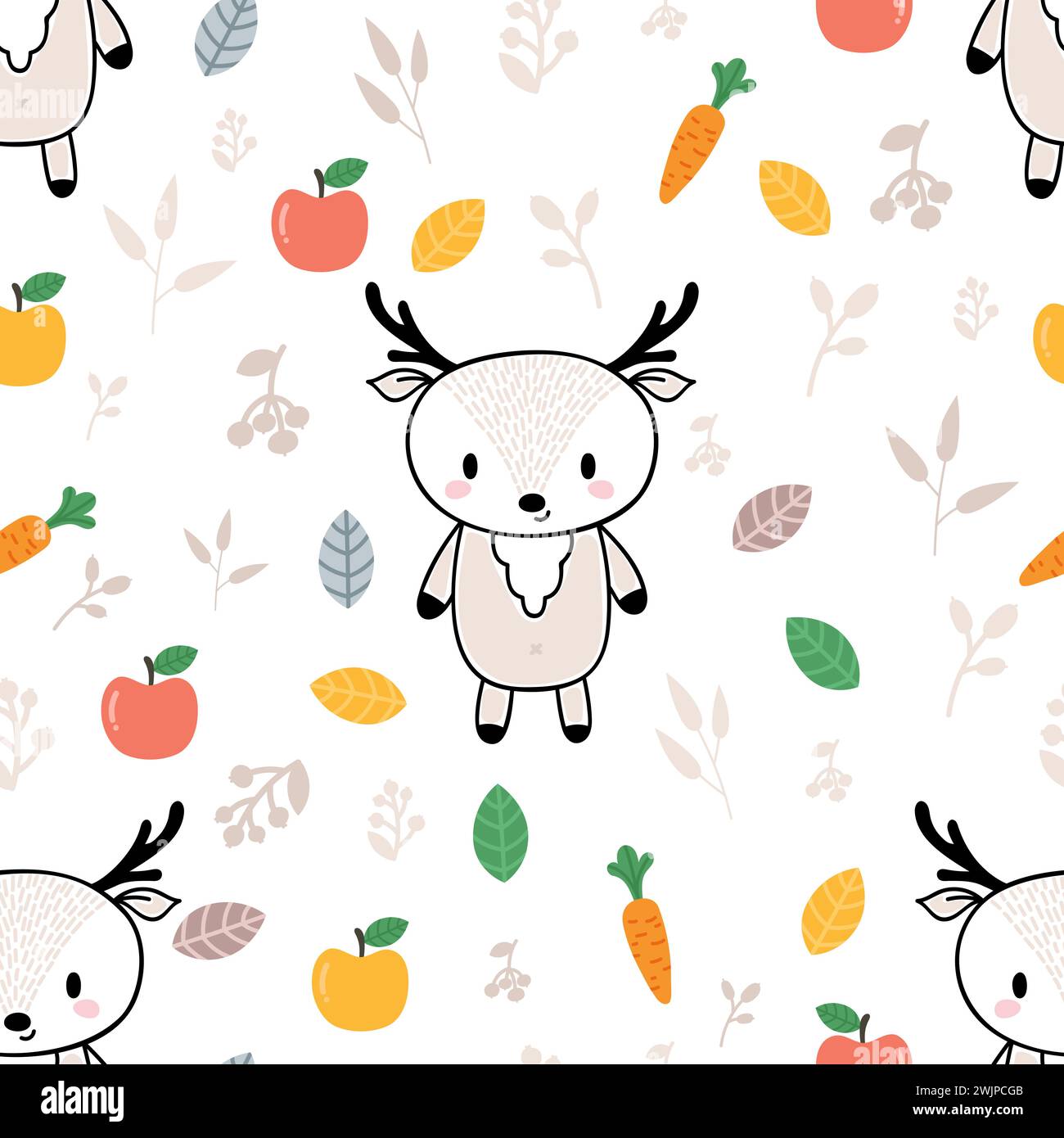 Niedliches nahtloses Muster mit kleinen Hirschen und Früchten. Kindlicher Hintergrund mit lustigen Charakteren. Vektorabbildung Stock Vektor
