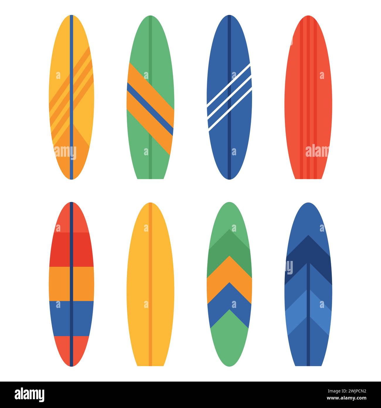 Set aus verschiedenen farbenfrohen Surfbrettern. Surfen im Sommer. Vektorabbildung Stock Vektor
