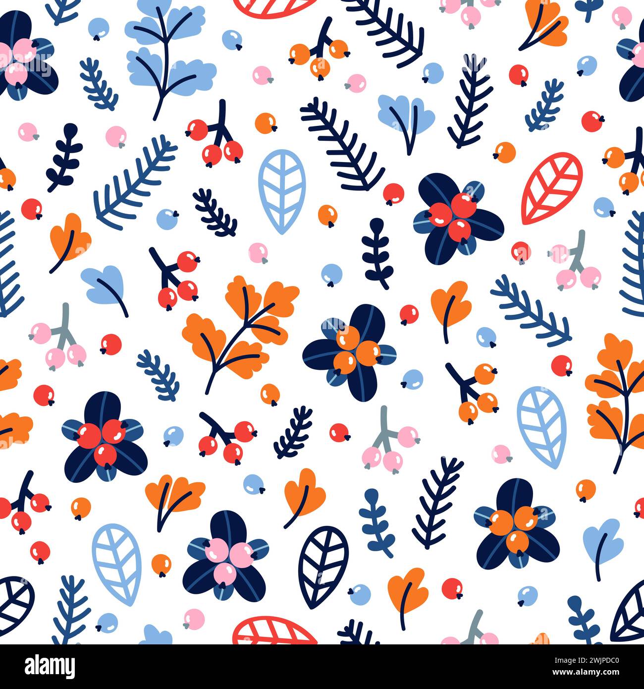 Niedliches nahtloses Muster mit handgezeichneten Blumen und Beeren. Farbenfroher Hintergrund mit Blumenmuster. Vektorabbildung Stock Vektor