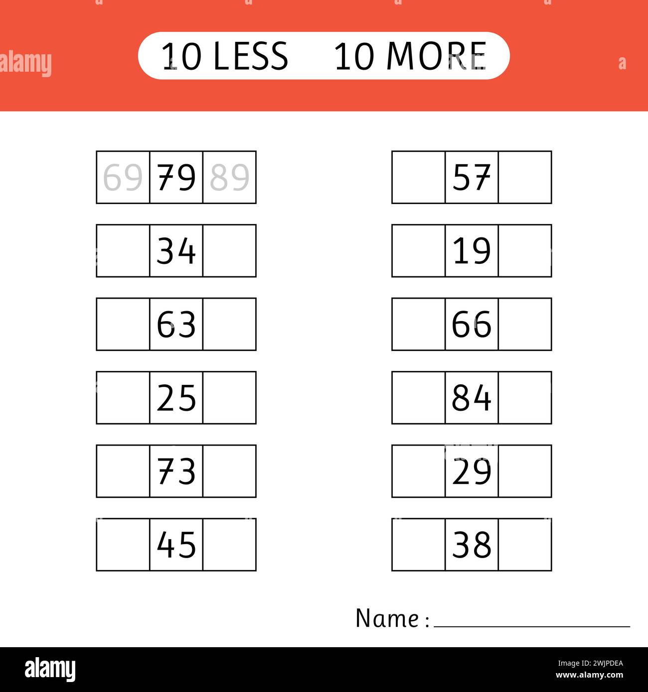 10 weniger, 10 mehr. Geben Sie die fehlenden Zahlen ein. Arbeitsblätter für Kinder. Mathematik. Mathematische Übungen. Vektorabbildung Stock Vektor