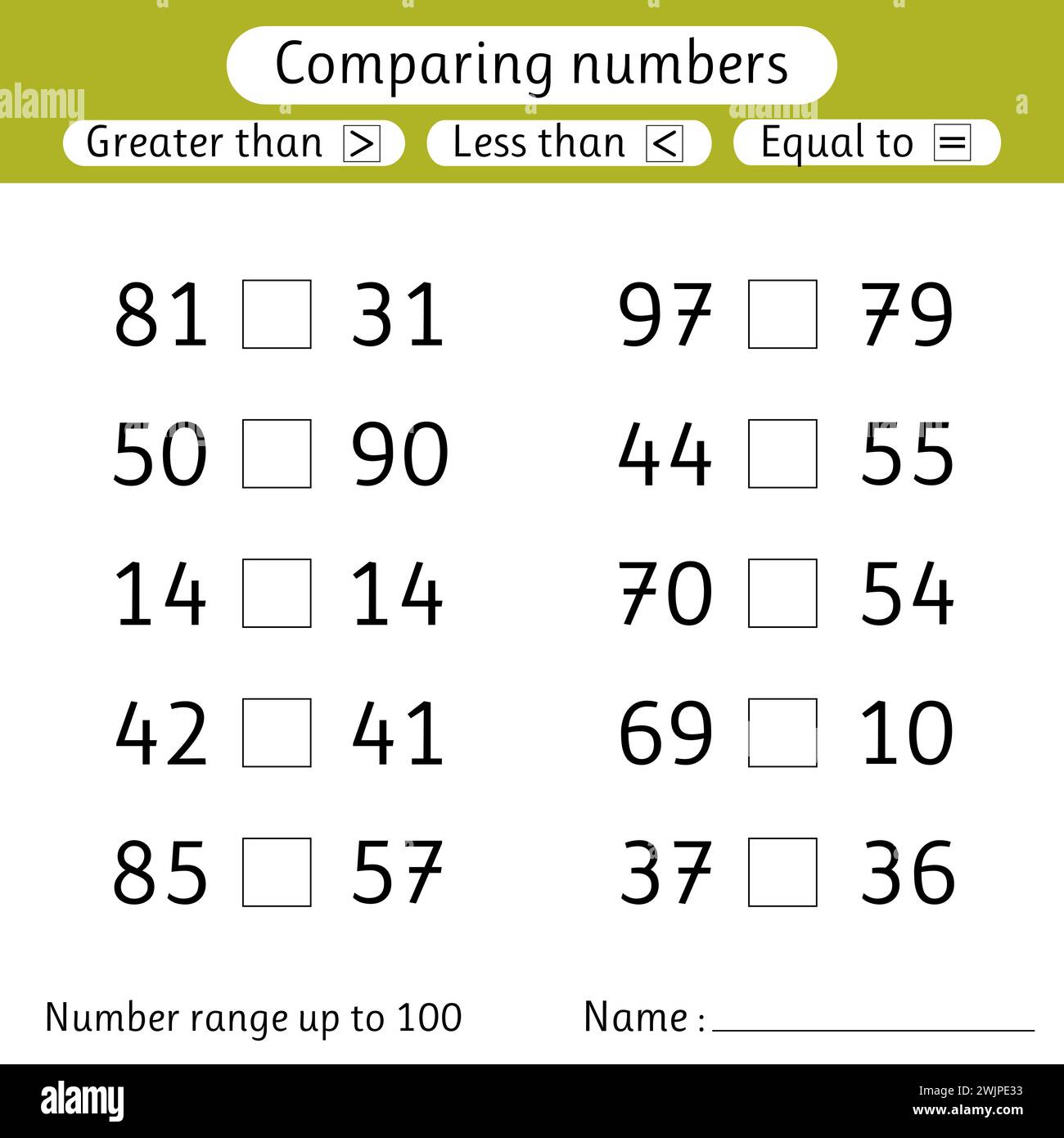 Zahlen werden verglichen. Kleiner als, größer als, gleich. Arbeitsblätter für Kinder. Zahlenbereich bis 100. Grundschule. Vektorabbildung Stock Vektor