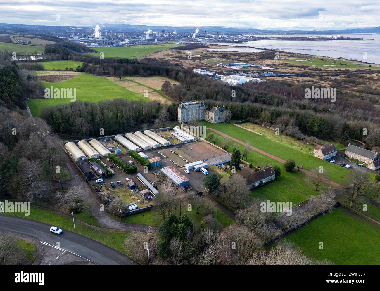 Drohnenansicht von Kinneil Haus und Anwesen, Bo'ness, Schottland Stockfoto