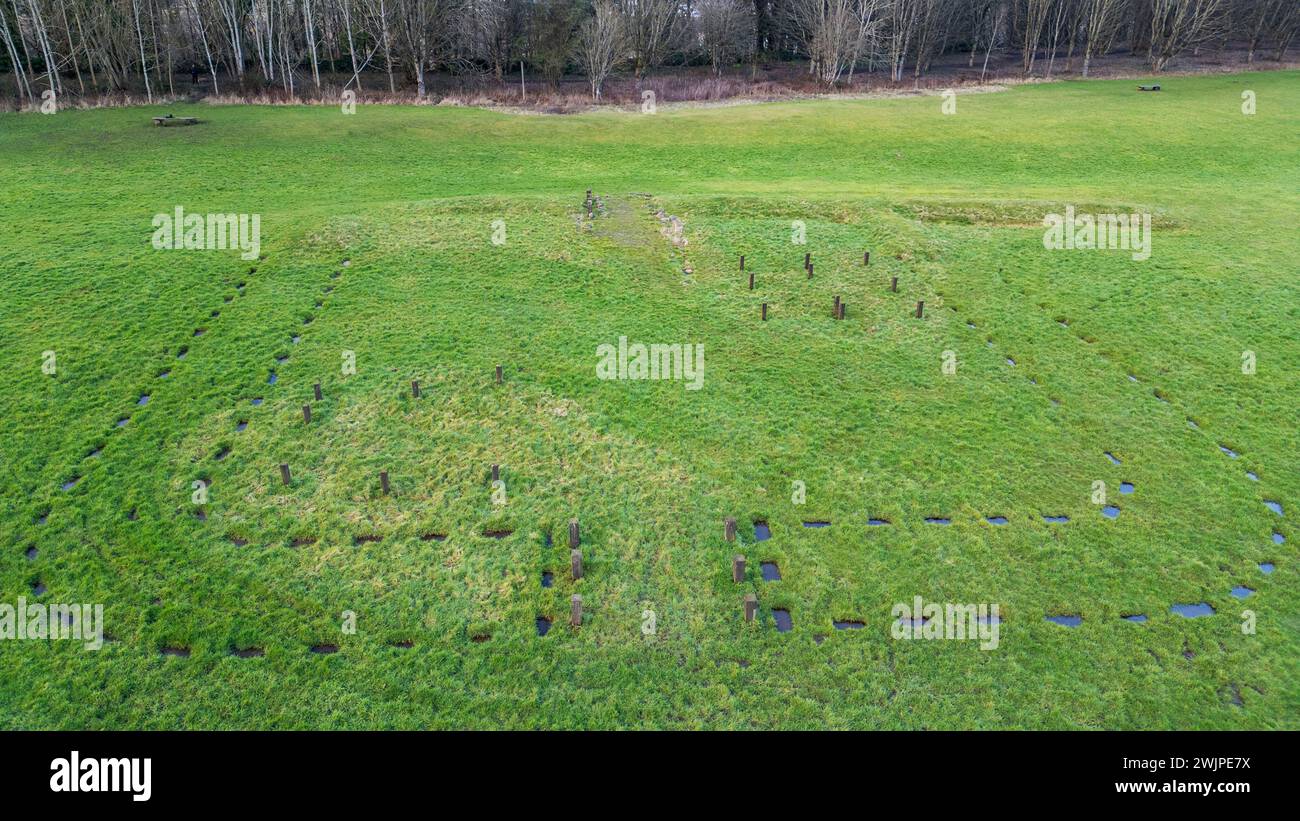 Drohnenansicht der römischen Festung Kinneil, Kennel-Anwesen, Bo'ness, Schottland. Stockfoto