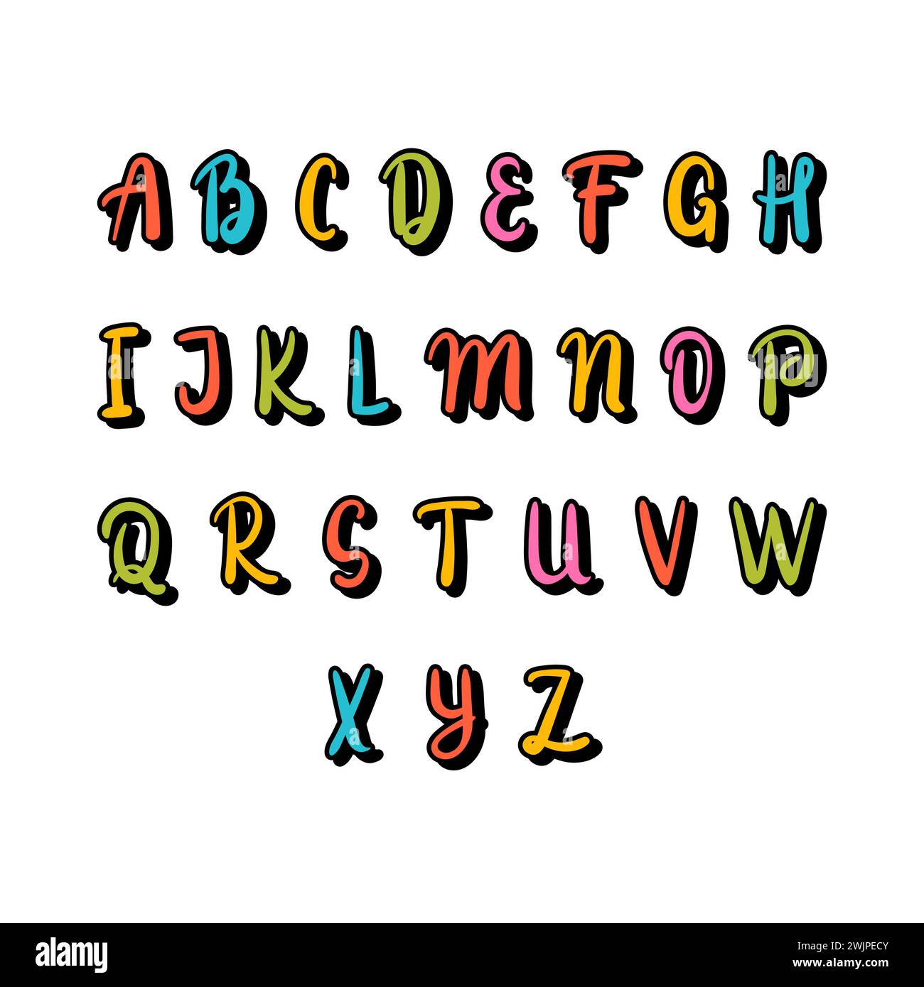 Handgezeichnetes Alphabet. Bunte Schriftart. Niedliche Elemente für dein Design. Verwenden Sie es zum Erstellen von Grußkarten, Poster, Geburtstagsfeiern, Einladungen. Vektorillus Stock Vektor