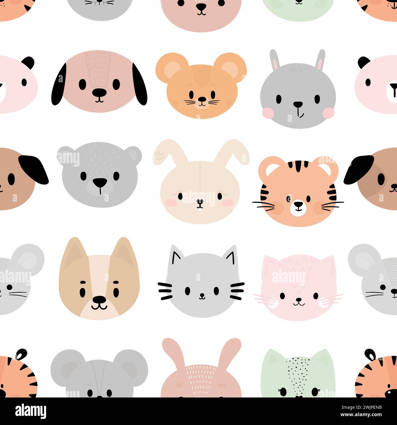 Kindliches nahtloses Muster mit süßen Gesichtern. Niedliche Tiere. Kreative Babytextur für Stoff, Kinderzimmer, Textilien, Kleidung. Vektorabbildung Stock Vektor