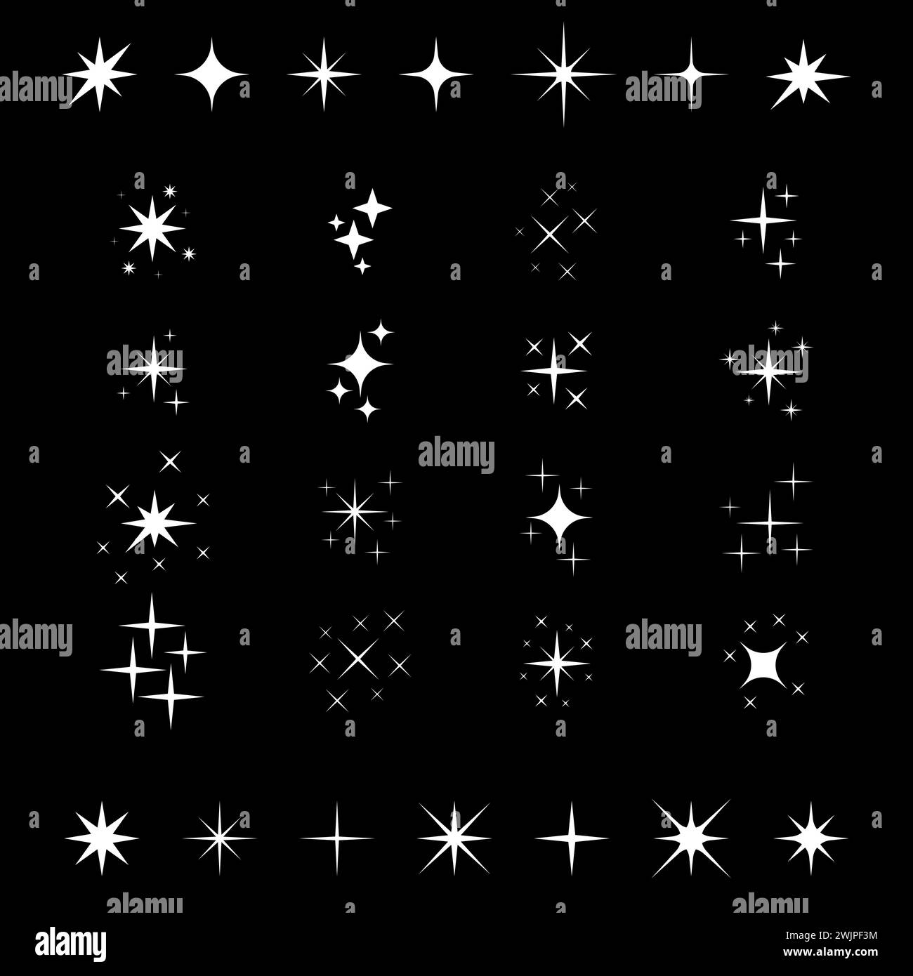 Funkelt mit Symbolen. Lichter, Sterne. Leuchtendes Licht bei Sternenstrahlern. Helles Feuerwerk, Linse, Weihnachtsdekoration funkeln. Vektorillustratio Stock Vektor