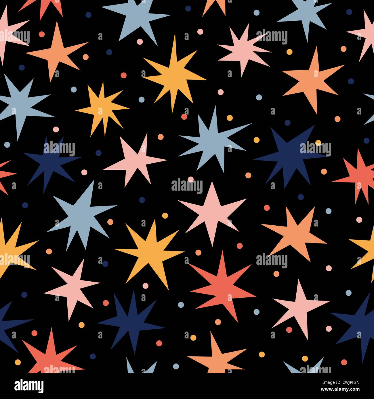 Skandinavisches nahtloses Muster mit handgezeichneten Sternen. Niedlicher Hintergrund mit farbigen Sternschnuppen. Vektorabbildung Stock Vektor