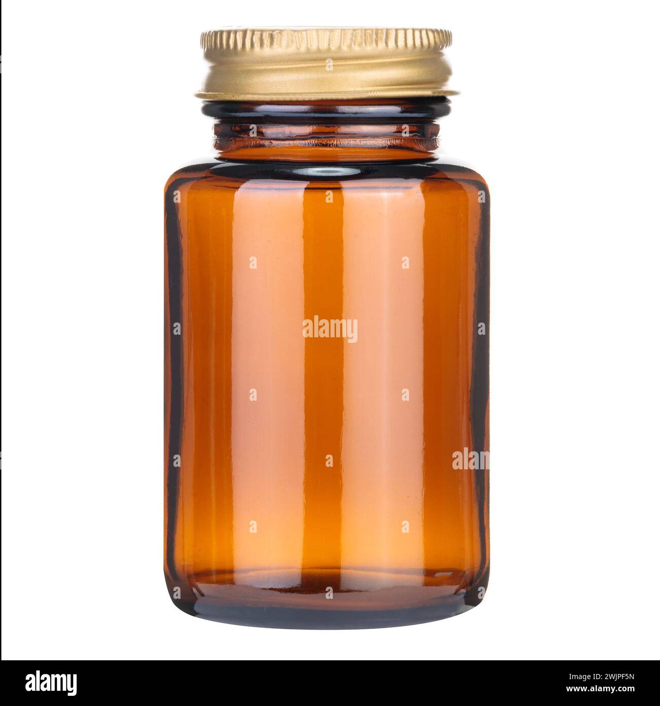 Bernsteinfarbene Glasflasche auf weißem Hintergrund Stockfoto