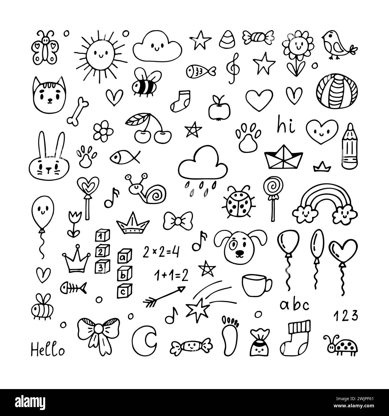 Satz handgezeichneter Elemente. Niedliche Kritzelkunst. Kindzeichnung. Zeichnungen im untergeordneten Stil. Vektorabbildung Stock Vektor Satz handgezeichneter Elemente. Niedliche Kritzelkunst. Kindzeichnung. Zeichnungen im untergeordneten Stil. Vektorabbildung Stock Vektor