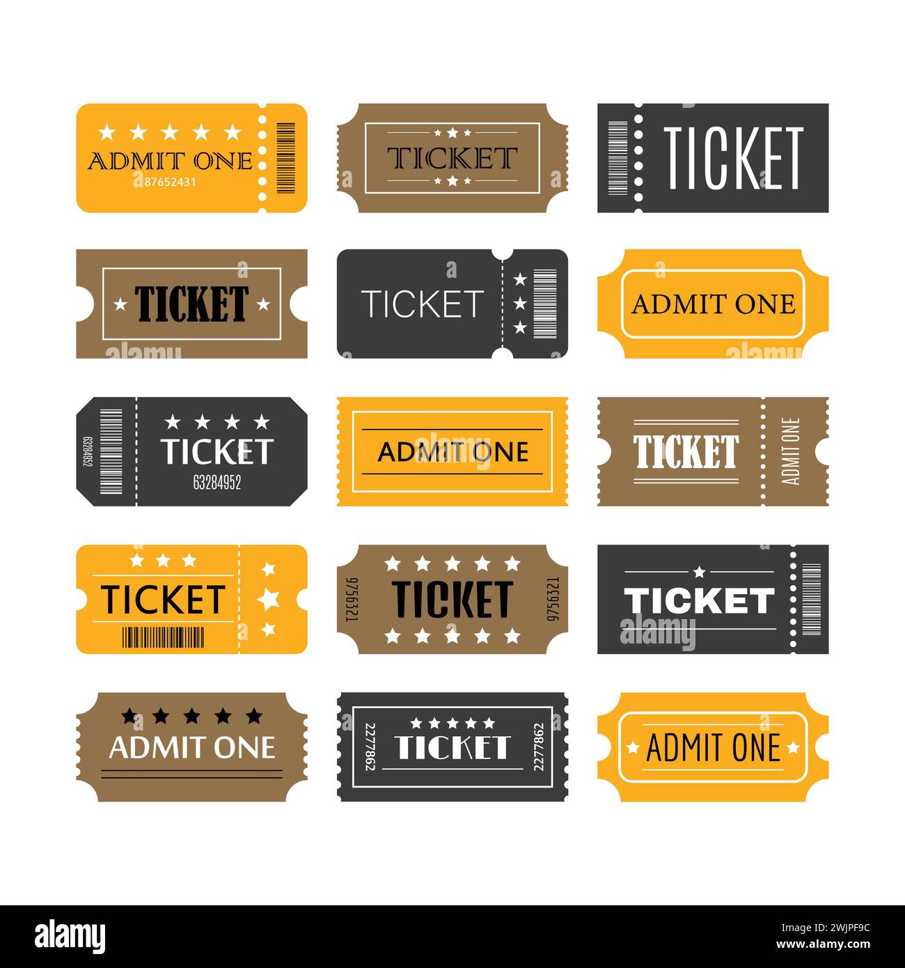 Set von Tickets und Coupons-Vorlagen. Verkauf, Rabatt, Coupons mit Rüschen. Konzert-, Kino-, Theaterkarten. Vektorabbildung Stock Vektor