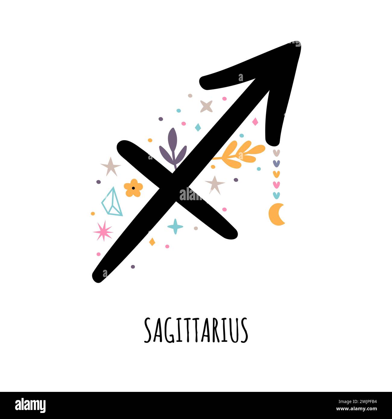 Schütze. Sternzeichen. Astrologische Horoskop-Zeichen auf weißem Hintergrund. Stilisiertes Symbol. Vektorabbildung Stock Vektor