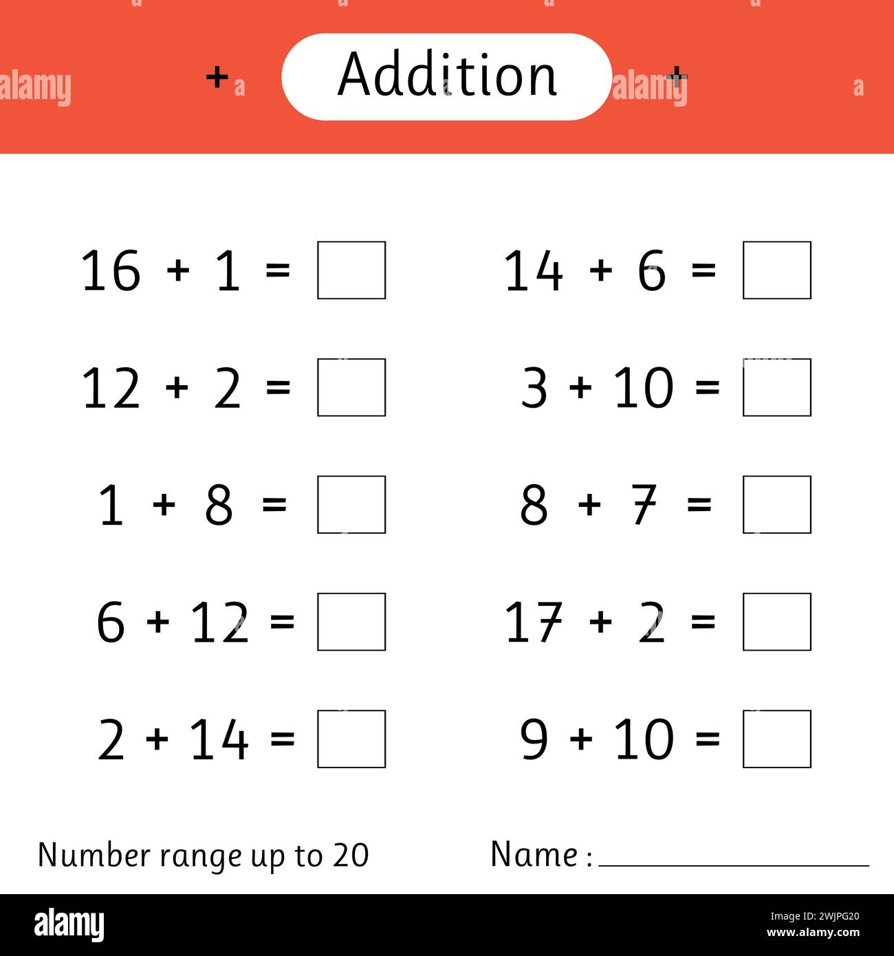 Zusatz. Zahlenbereich bis 20. Mathematik. Mathematische Arbeitsblätter für Kinder. Beispiele lösen und schreiben. Entwicklung von Rechenkenntnissen. Vektorabbildung Stock Vektor