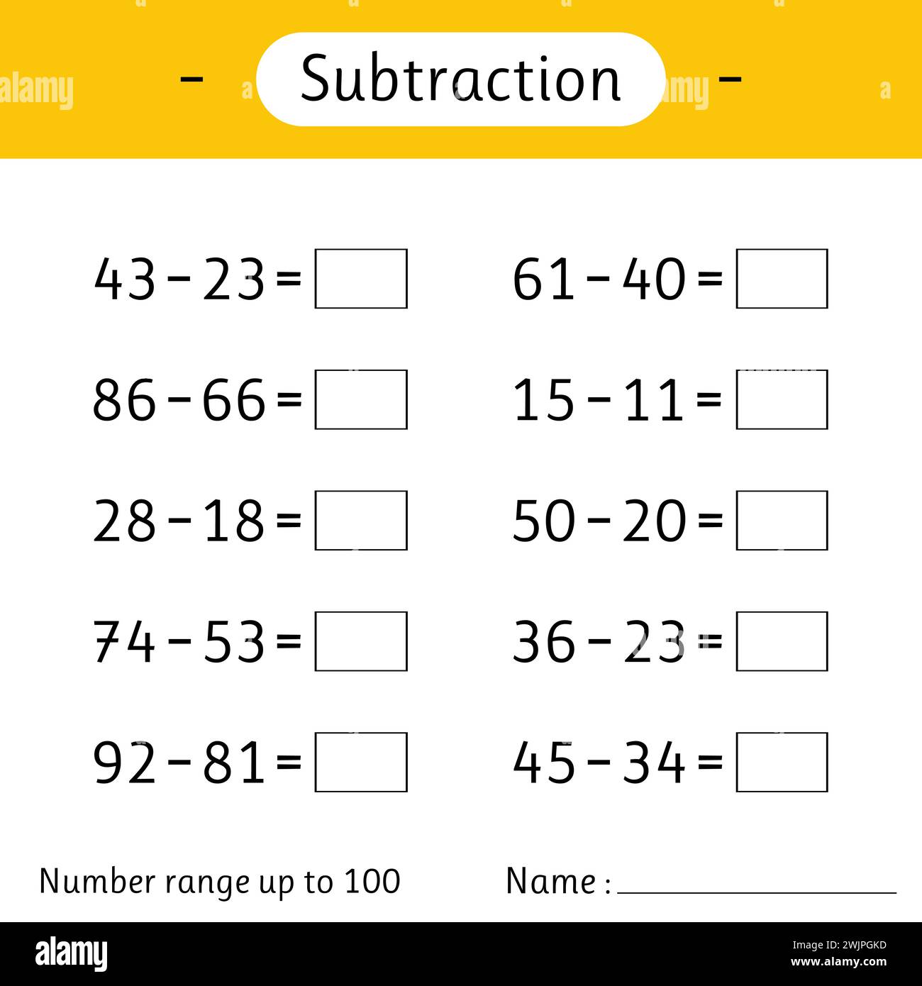 Subtraktion. Zahlenbereich bis 100. Mathematische Arbeitsblätter für Kinder. Entwicklung von Rechenkenntnissen. Lösungsbeispiele. Mathematik. Vektorabbildung Stock Vektor