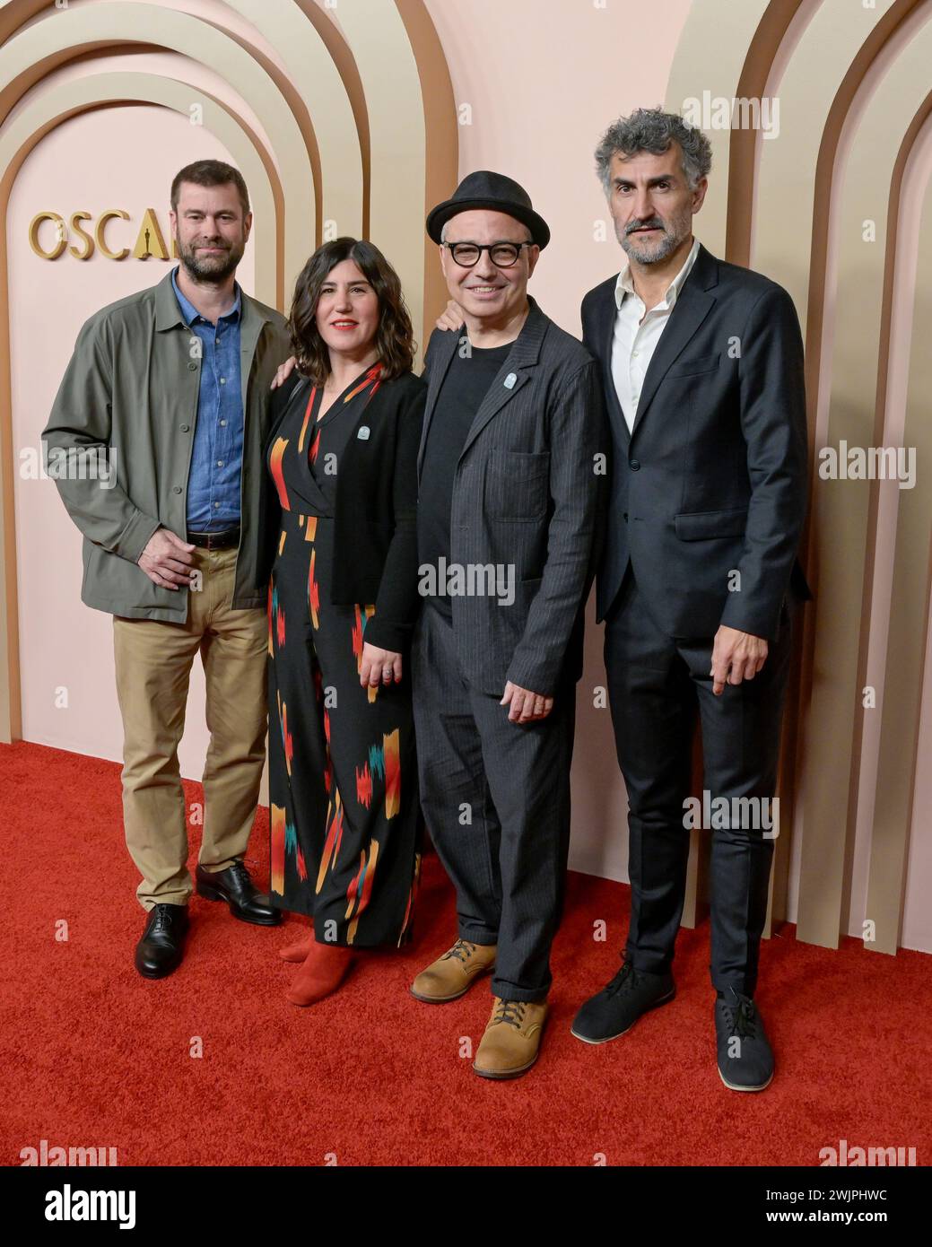 12. Februar 2024, Beverly Hills, Kalifornien, USA: (L-R) Ignasi EstapÃ, Sandra Tapia DÃ­az, Pablo Berger und IbÃ³n Cormenzana nehmen am 96. OscarsÂ® Nominees Luncheon Teil. (Credit Image: © Billy Bennight/ZUMA Press Wire) NUR REDAKTIONELLE VERWENDUNG! Nicht für kommerzielle ZWECKE! Stockfoto