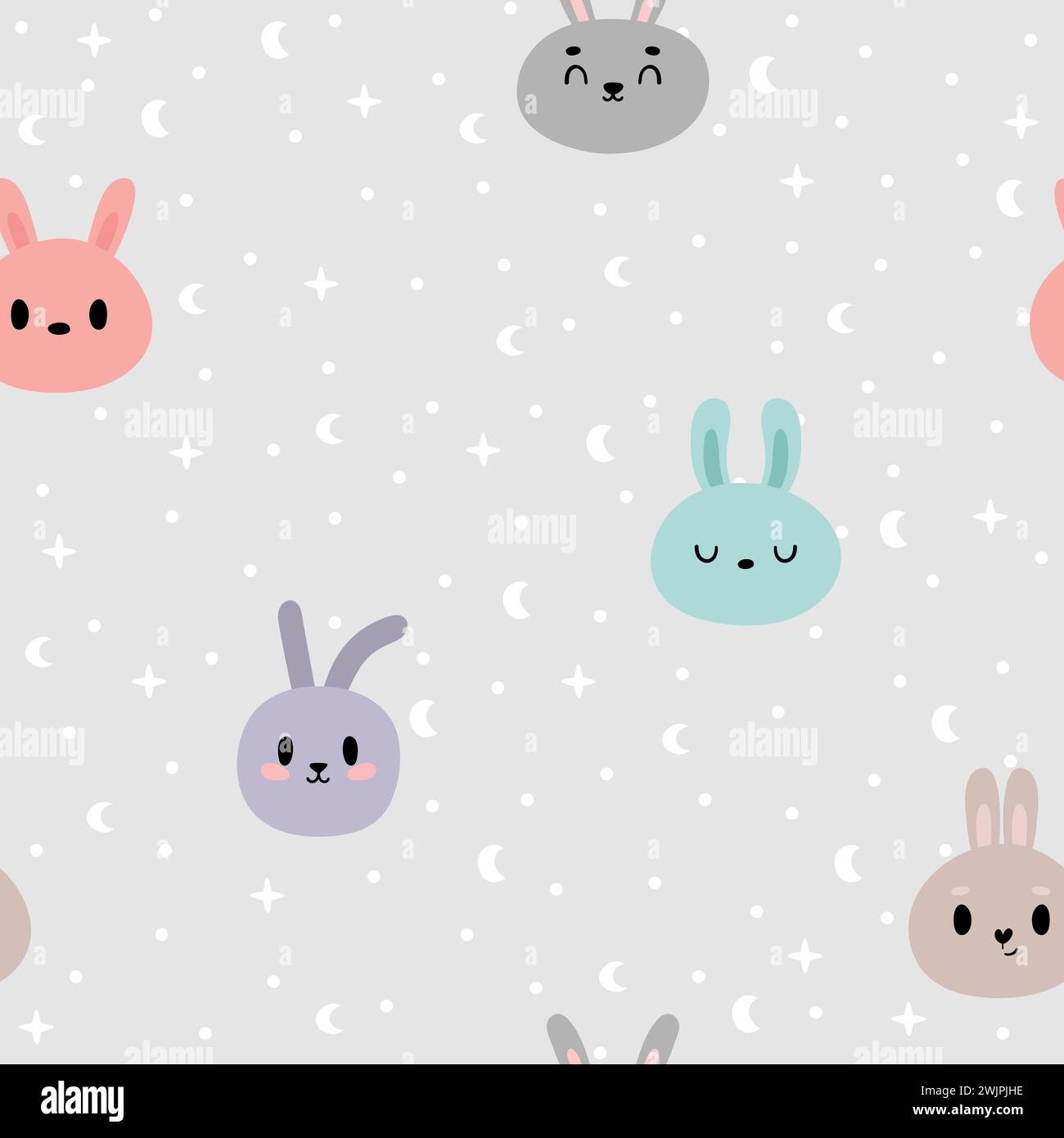 Niedliches nahtloses Muster mit Kawaii-Häschen. Handgezeichneter Hintergrund mit Karikaturkaninchen. Kinderzimmer-STYLE. Vektorabbildung Stock Vektor