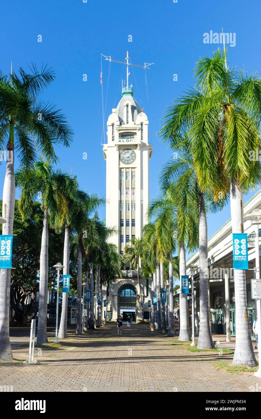 The Aloha Tower, Aloha Tower Marketplace, Honolulu, Oahu, Hawaii, Vereinigte Staaten von Amerika Stockfoto
