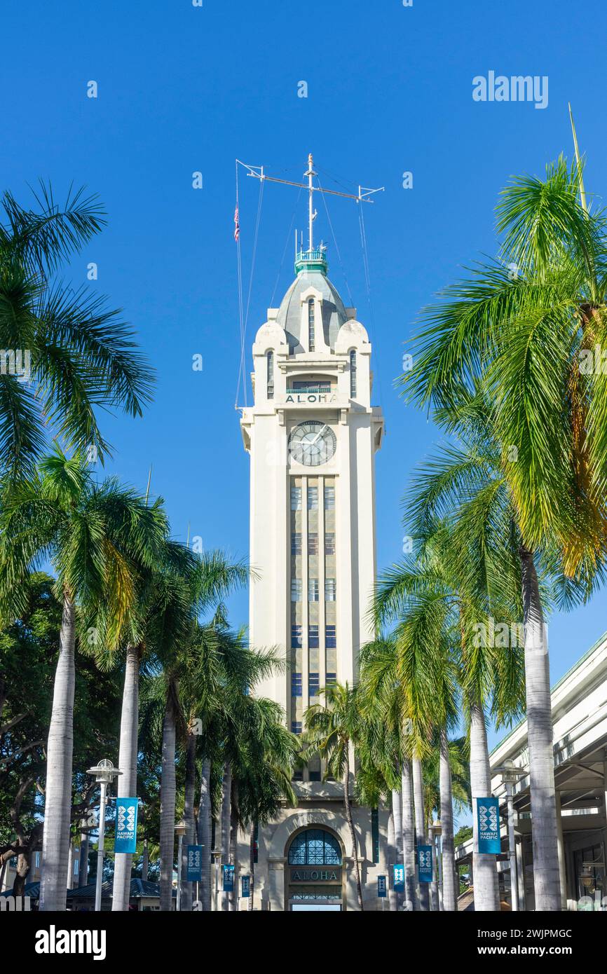 The Aloha Tower, Aloha Tower Marketplace, Honolulu, Oahu, Hawaii, Vereinigte Staaten von Amerika Stockfoto