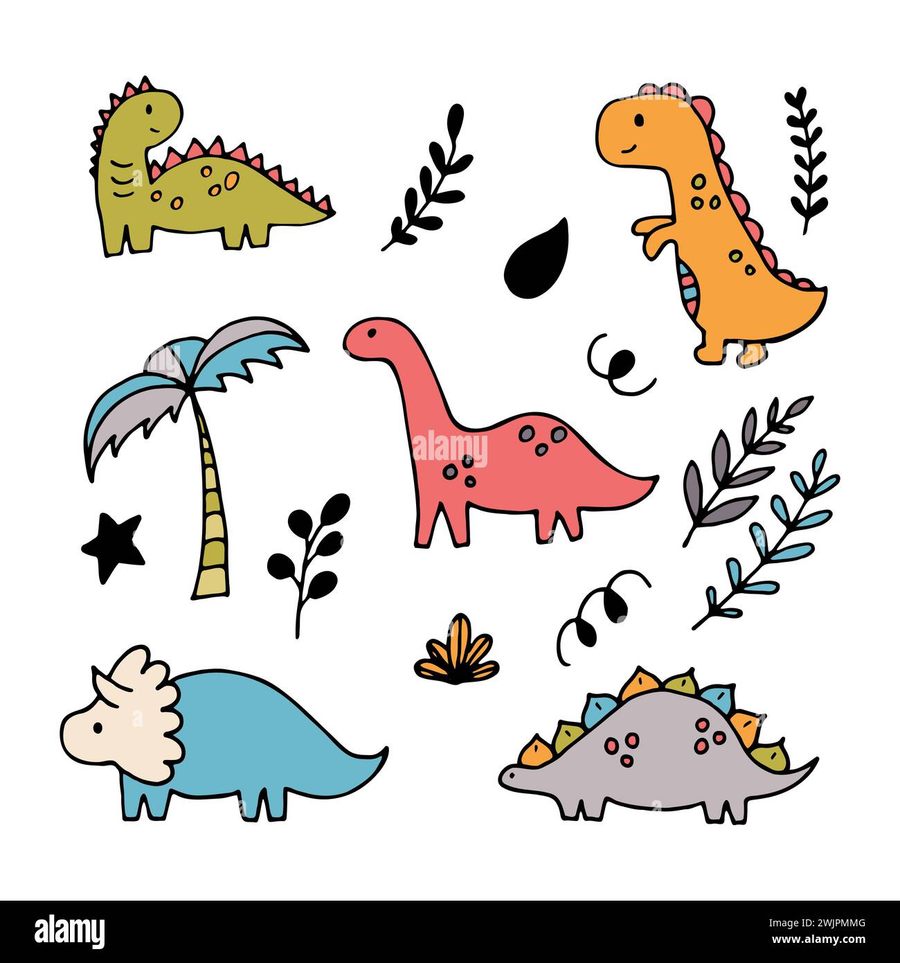 Niedliche handgezeichnete Dinosaurier und tropische Pflanzen. Dino-Kollektion für Kinder. Lustige Zeichen. Vektorabbildung Stock Vektor