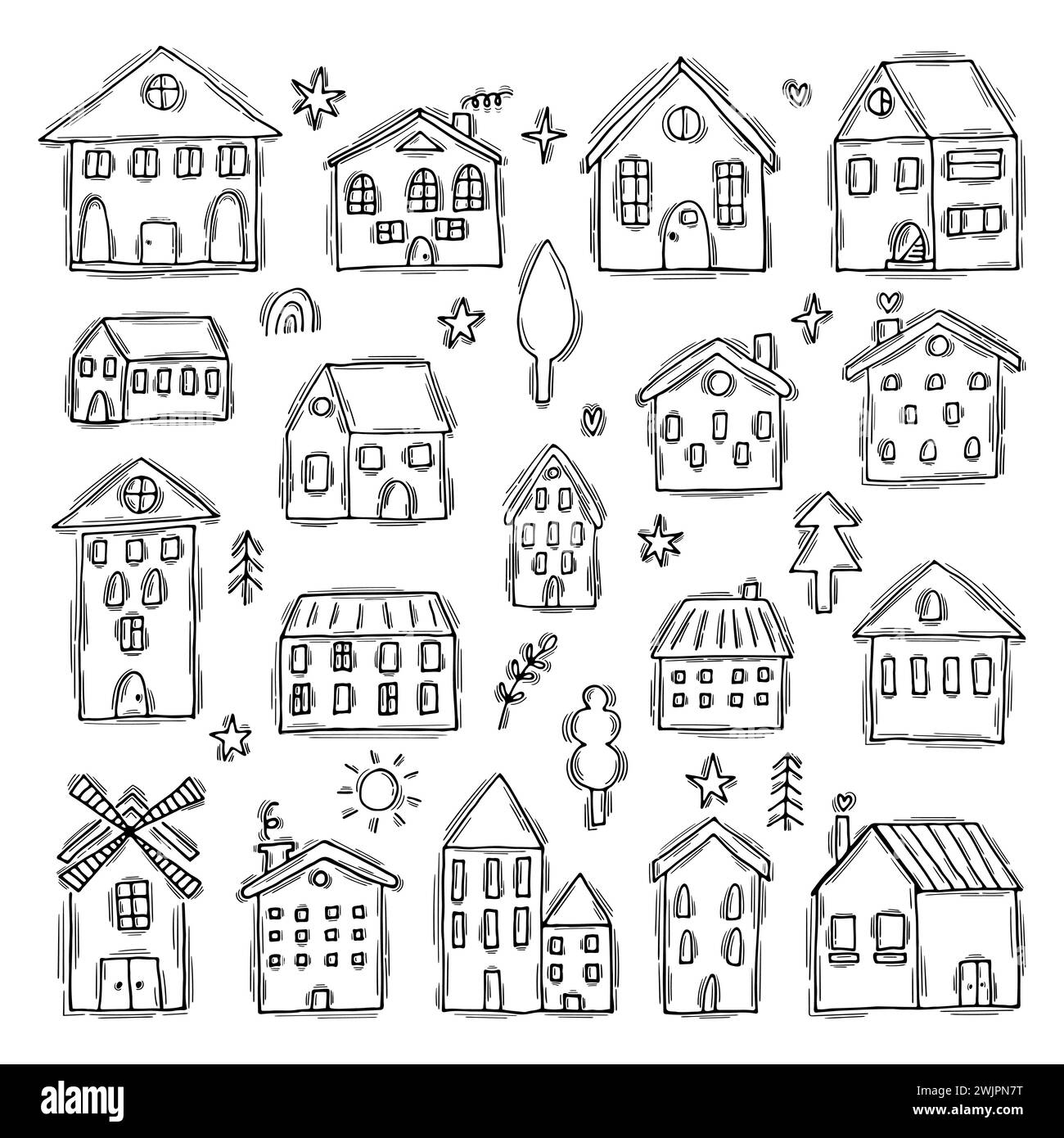 Set mit niedlichen handgezeichneten Häusern. Sammlung skizzierter Gebäude. Doodle-STYLE. Vektorabbildung Stock Vektor