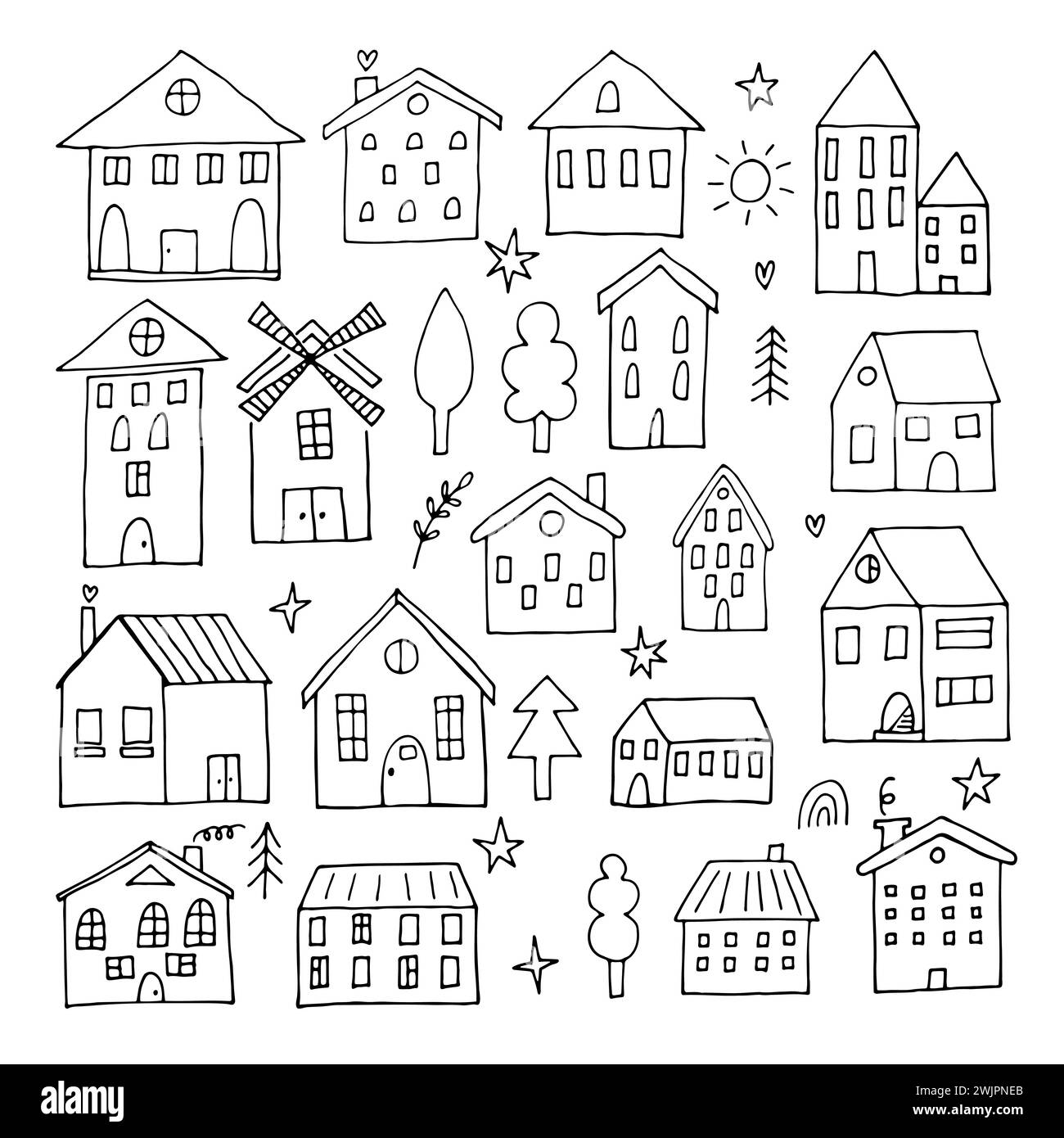 Sammlung von handgezeichneten Häusern. Doodle-STYLE. Satz skizzierter Gebäude. Vektorabbildung Stock Vektor