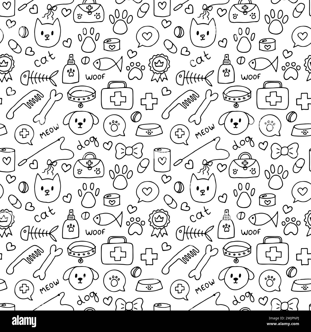 Niedliches nahtloses Tiermuster. Handgezeichneter Tierhintergrund für Tierhandwerk, Geschäft oder Tierarzt. Veterinärmedizin. Vektorabbildung Stock Vektor