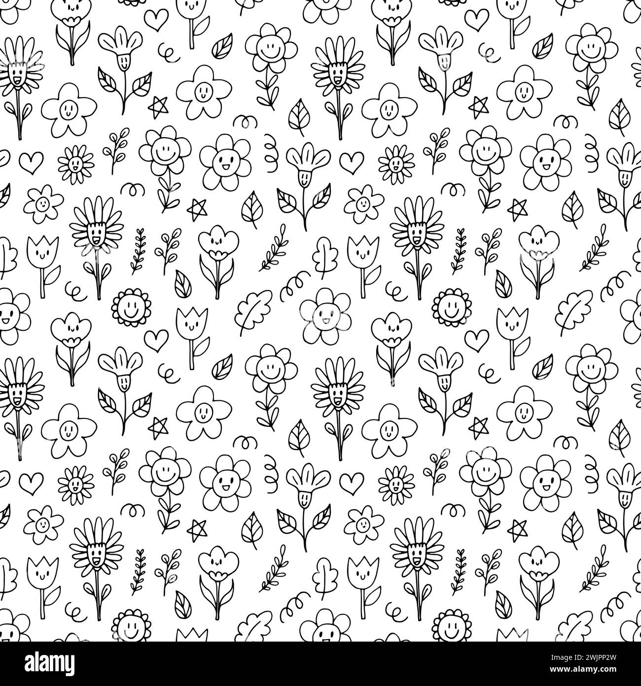 Niedliches nahtloses Muster mit handgezeichneten glücklichen Blumen. Lustige Kawaii-Elemente. Hintergrund mit floralem Doodle. Kindliches Muster. Vektorabbildung Stock Vektor