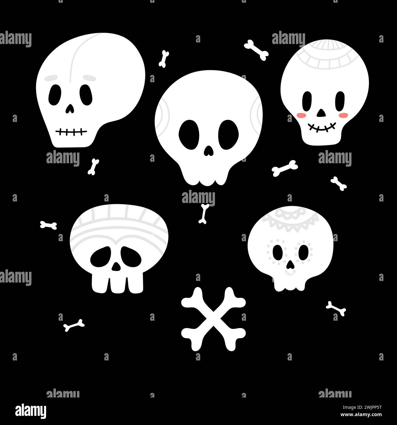 Set Halloween-Schädel mit gekreuzten Knochen. Monster Gesichter. Designelemente für Logo, Banner, Etikett, Poster. Vektorabbildung Stock Vektor