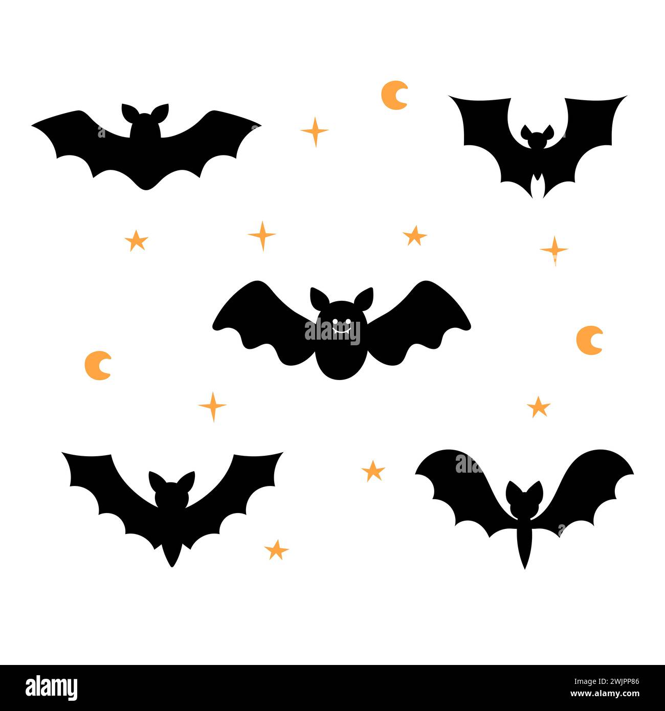 Fledermäuse gesetzt. Zeichentrickfiguren für Halloween-Dekorationen. Sammlung von handgezeichneten schwarzen Silhouetten von Fledermäusen. Vektorabbildung Stock Vektor