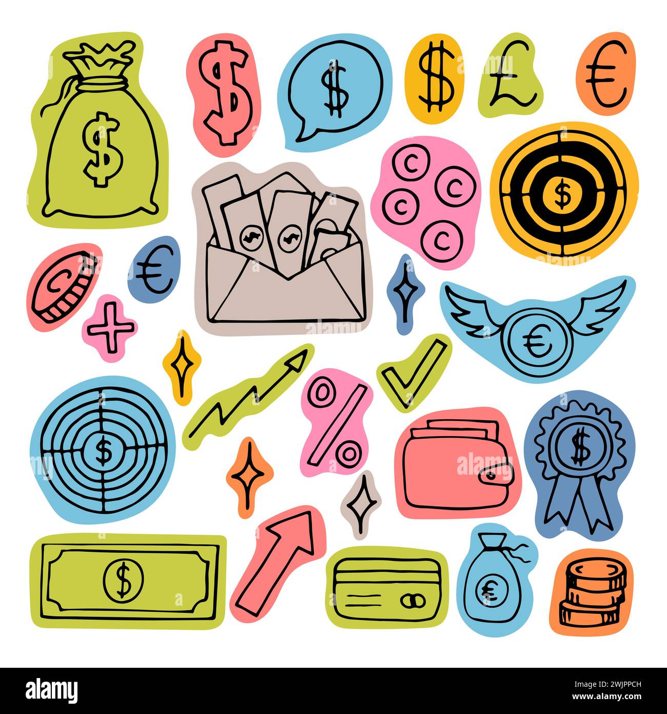 Handgezeichnete Geschäftssymbole. Finanzen, Geld, Investitionen, Strategie. Doodle, Skizzendesign. Vektorabbildung Stock Vektor