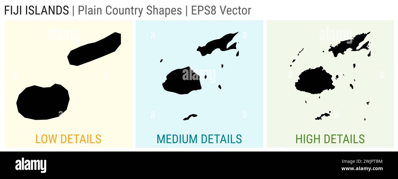 Fidschi - einfache Landform. Niedrige, mittlere und hohe Detailkarten von Fidschi. EPS8 Vektordarstellung. Stock Vektor