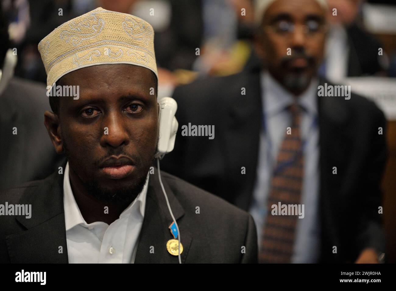 Februar 2009. Addis Abeba, Äthiopien, der somalische Präsident Sharif Scheich Ahmed sitzt während des 12. Gipfels der Afrikanischen Union im Plenarsaal des Gebäudes der Vereinten Nationen Stockfoto