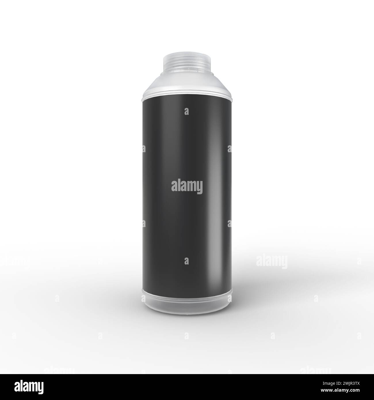 Transparente PET-Flasche mit einem leeren schwarzen Etikett für Illustrationen und Modelle. 3D-Rendern auf einem sauberen, leeren weißen Hintergrund. Stockfoto