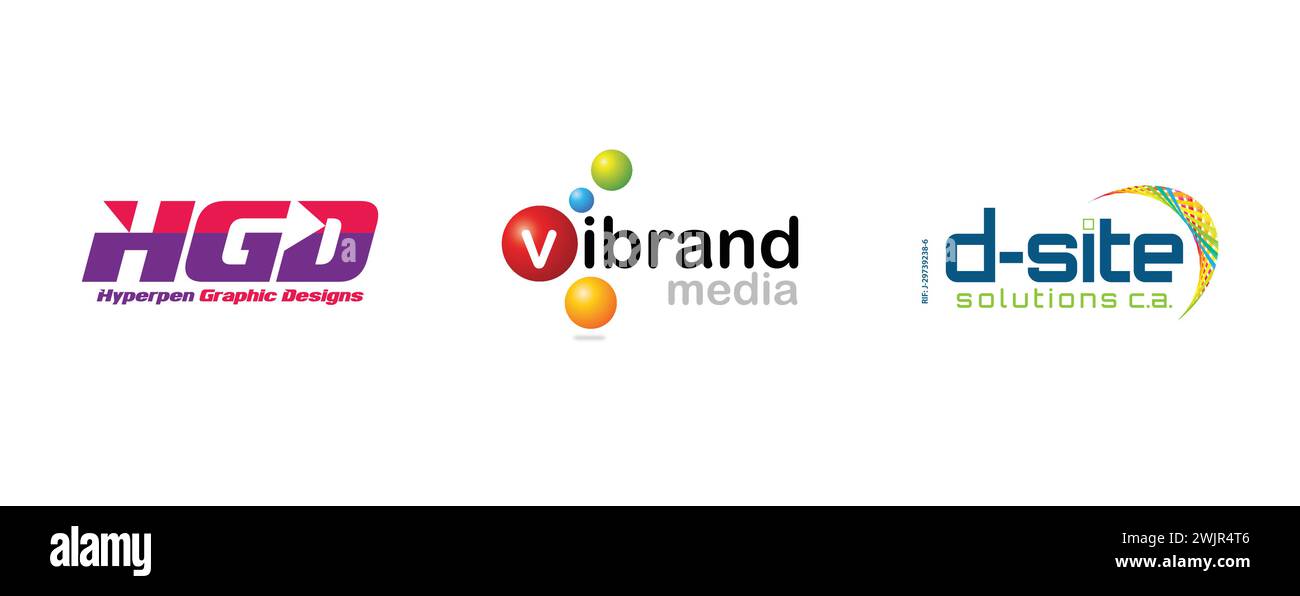 Vibrand Media, d-Site Solutions c.A., Hyperpen Graphic Designs. Redaktionelle Logokollektion für Kunst und Design. Stock Vektor