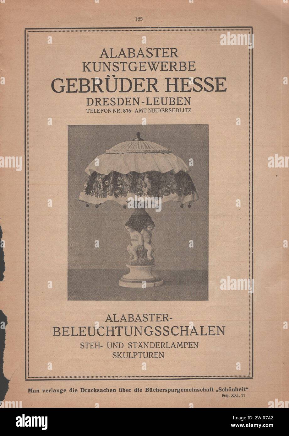 Die Schönheit, Verlag der Schönheit, Dresden 1910er - 1920er Jahre, deutsches Kunstmagazin / deutsches Kunstmagazin / Deutsche Anzeigen aus den 1910er-1920er Jahren / Deutsche Werbung / alte deutsche Werbung / deutsche Kunstmagazin genannt The Beauty, Anzeigeseiten / Alabaster Kunstgewerbe, Gebrüder Hesse / Alabaster Kunsthandwerk Werbespot Stockfoto