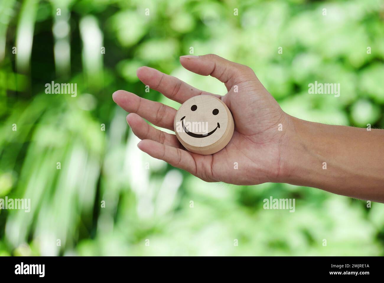 Hand hält Holz und Happy Lächeln Gesicht. Konzept des positiven Denkens, der psychischen Gesundheit, der emotionalen Erholung, der Wachstumseinstellung, der Glücksgefühle. Stockfoto