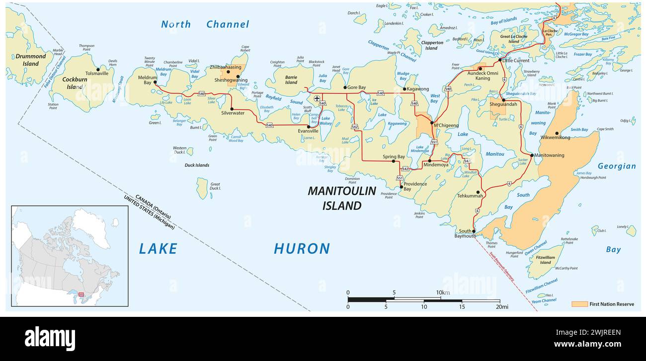 Vektorkarte der kanadischen Insel Manitoulin in Lake Huron, Ontario, Kanada Stockfoto