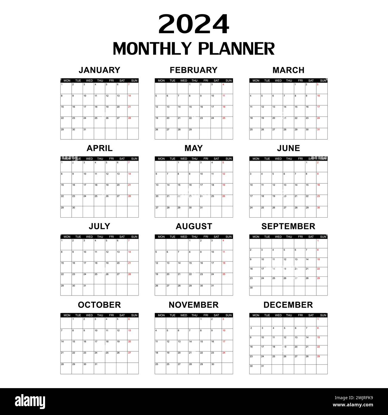 Monatliche Kalendervorlage für 2024 Jahre. Wandkalender in minimalistischem Stil. Die Woche beginnt am Montag. Planer für 2024 Jahre. Einfacher Kalender festlegen 2024. Stock Vektor