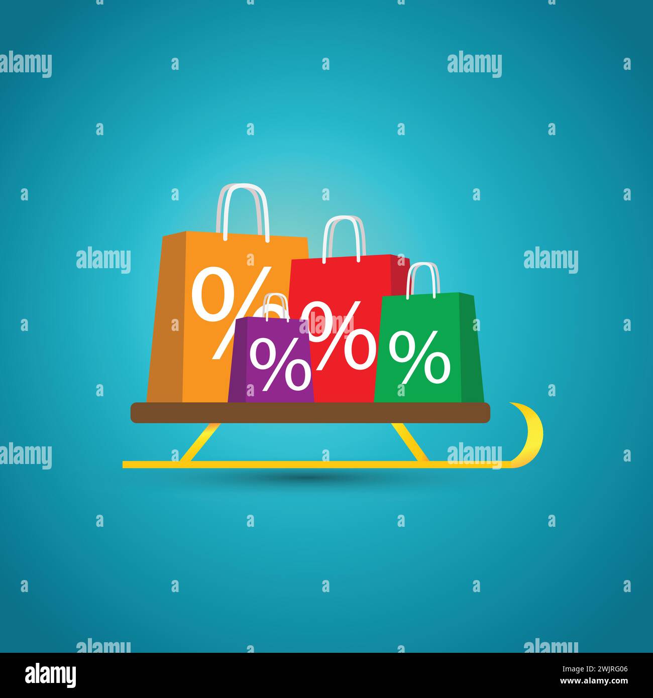 Schlitten mit Einkaufstaschen und Verkaufssymbolen auf ihnen, nach Weihnachten Verkaufskonzept Stock Vektor