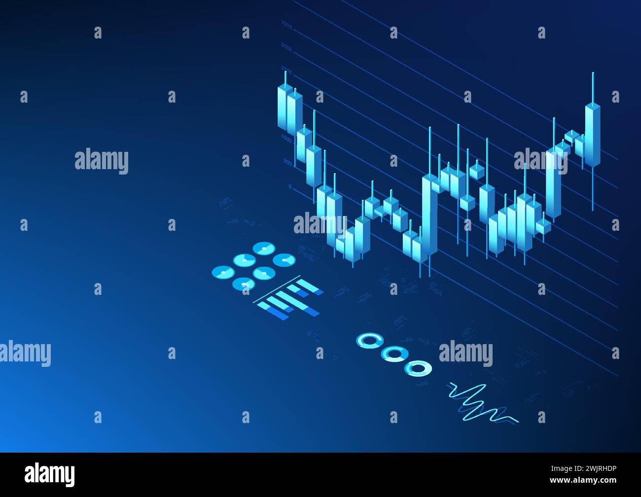 Isometrische Technologie-Aktiendiagramm Kerzenhalter zeigt den Preis, den Status des Unternehmens, das Wachstum, den Gewinn und den Verlust an. Damit Investoren sich entscheiden können Stock Vektor