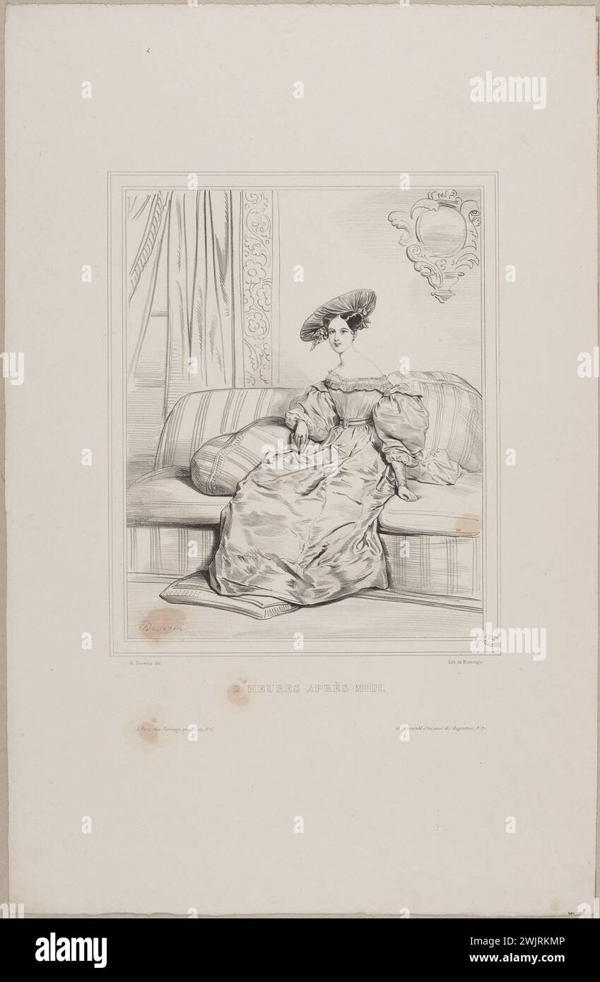 Achille Devéria (1800–1857), französischer Kupferstecher und Antoine Adolphe Catherine Fonrouge (1828–1855), französische Drucklithografie. Die Stunden des Tages: 2 Stunden am Nachmittag. Lithographie auf Papier, 1829. Paris, Carnavalet Museum. 77636-11 After-MDI, Sitz, Sitzbank, Sofa, Kissen, Zeichnung, Frau, Eis, Tag, Tag, Tag, Lithographie, Spiegel, weiblicher Modus, Fuß, Pose, Wohnzimmer, Kleid, Alltag, Hut, Kleid Stockfoto